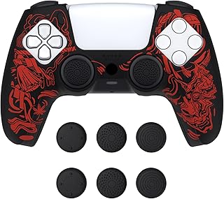 PlayVital Pure Series Dockable Model Anti-Slip Silicone Cover Skin for ps5 Controller, Soft Rubber Grip Case for ps5 Controller Fits with Charging Station with 6 Thumb Grip Caps - Samurai Prajna (Red)