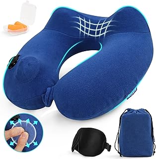 Glyzia Inflatable Travel Neck Pillow for Airplane, 360° Head Support Velvet Adult Neck Pillow for Long Flight, Removable Washable Cover, Kit with Eye Masks, Earplugs & Storage Bag, Navy Blue