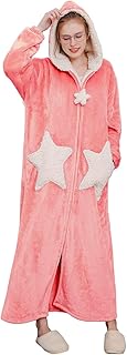 Hellomamma Womens Robe Zipper Bathrobes Ladies Hooded Housecoat Plush Fleece Warm Sleepwear Long Pajamas Nightgown