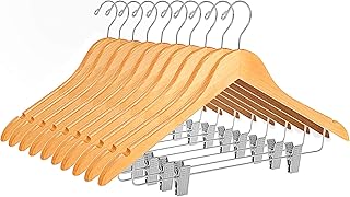 كولايتي هانجرز تنورة خشبية مع مشابك، 10 قطع من السراويل الخشبية الصلبة الناعمة مع مشابك معدنية متينة قابلة للتعديل، خطاف دوار، معطف، جاكيت، بدلة بلوزة (طبيعي، 10)