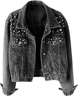 Hixiaohe Women Loose Embroidered Pearls Beading Cropped Denim Jacket Jean Coat