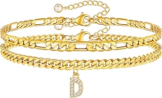 BRIJEWLIC Initial Ankle Bracelets for Women 14K Gold Plated Layered Initial Anklets Gold Anklets for Women Cuban Link Chain Cursive Pendant Gold Initial Anklet for Women Mariner Anklet