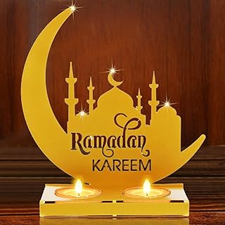 حامل شموع من الحديد لزينة رمضان بتصميم على شكل قلعة وقمر لتزيين طاولة الطعام والقطع المركزية من بوميفار (الشمعة غير متضمنة)