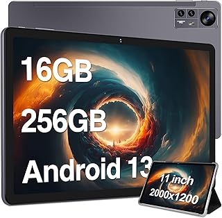 تابلت 2024 11 انش اندرويد 13 16GB+256GB + 1TB قابل للتوسع، ثماني النواة، شاشة 2K 2000×1200، كاميرا ثلاثية 13MP، 8600mAh، مكبرات صوت رباعية، واي فاي 5G/2.4G، GPS، بلوتوث 5.0، مع حافظة، رمادي