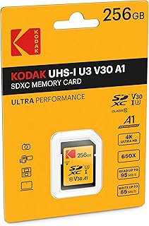 كوداك بطاقة SD 256GB UHS-I U3 V30 SDHC/XC - بطاقة ذاكرة - سرعة قراءة تصل إلى 95 ميجابايت/ثانية - سرعة كتابة قصوى 85 ميجابايت/ثانية - تخزين فيديو 4K UHD وصور HD - بطاقة SD