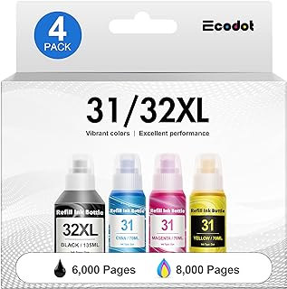 مجموعة زجاجات حبر بديلة من ايكو دوت، متوافقة مع الخزان الذكي لطابعة اتش بي 31 32XL 32 XL وخزان حبر الطابعة اللاسلكية الكل في واحد 551 651 455 457 (عدد 4 عبوات، اسود وازرق سيان وارجواني ماجنتا واصفر)
