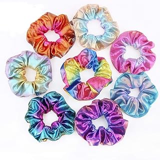 Hair Scrunchies, 8 Pack Shiny Metallic Elastic Hair Scrunchies Ties Colorful Mermaid Hair Bands Ponytail Holders Soft Hair Scrunchy Bobbles Hair Accessories for Women Girls, Gym Dance Party or Club