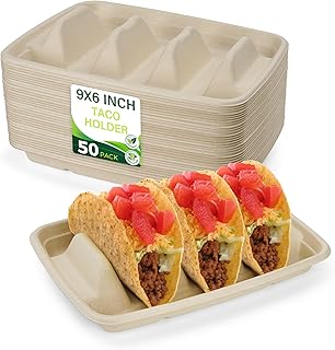 Birchio 50 Pack Disposable Taco Holders, Taco Plates with Dividers Serving for Party, Taco Tray for 3 Tacos, Perfect for Taco Bar Supplies