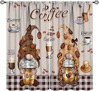 Gnome Coffee Kitchen Curtains, Rustic Farmhouse Vintage Beige Red Buffalo Plaid Cute Dwarfs Coffee Beans Print Rod Pocket Window Treatments for Cafe Living Room, 42x54 Inch (No Blackout)