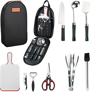 Camping Accessories Set, ISFORU 9PCS Camping Kitchen Utensil Organizer Travel Kit with Peeler, Cutting Board, Bottle Opener and Storage Bag for Outdoor Hiking Picnic Trekking