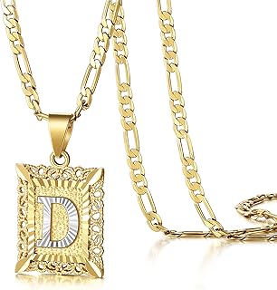 Initial Letter Pendant Necklace for Men Womens, 18K Gold Plated Square Capital Monogram Necklace Alhpabets from A-Z Figaro Chain Necklace