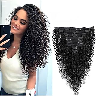 Hair Extensions وصلات شعر بشري مجعد 120 جرام مشبك شعر حقيقي مجعد في ملحقات للنساء السود اللون الأسود الطبيعي 8 قطعة وصلات شعر أمريكية أفريقية برازيلية Hairpiece(22 inches x1)