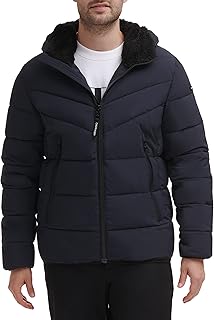 mens Winter Coat - Puffer Stretch Jacket With Sherpa Hood Jacket