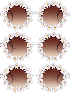 Frienda 3 Packs Retro Daisy Sunglasses for Women Flower Round Disco Sunglasses Novel Floral Glasses for Adult kids