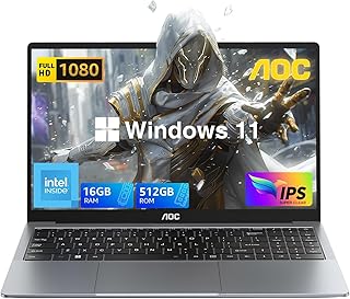 AOC لابتوب العاب 16GB RAM 512GB SSD شاشة FHD 15.6 انش (حتى 3.6GHz) ويندوز 11، خفيف ورفيع، هيكل معدني، كاميرا ويب، نوع C، USB3.2