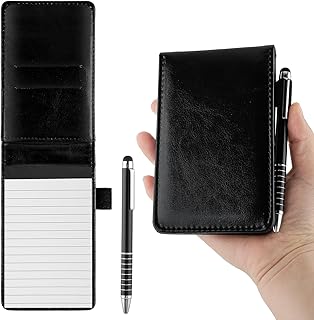 Sibba Mini Pocket Notebook Notepad Holder with 50 Lined Sheets 3 x 5 Inch Metal Pen Small Leather A7 Black من سيبا 100 الصفحات