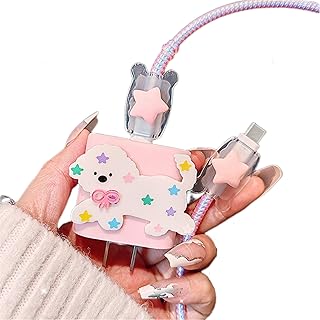 Cute Cable Protector for iPhone Charger Cover,Kawaii 3D Dog Design with Pink Star Decoration for iPad Charger Cover,DIY Charging Cord Protector Soft Data Line Cable USB Wire Saver Charger Protector