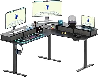 فليكسيبوت طاولة زاوية كهربائية قائمة على شكل حرف L 63 انش مع رف شاشة، 4 ادراج تخزين، محطة عمل كمبيوتر قابلة للتعديل للمنزل والمكتب والالعاب والاستوديو، شاحن USB، سطح اسود + اطار اسود