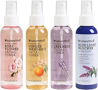 NATURE WELL All Day & Night Facial Toner Kit, Featuring Nourishing Rose Water, Energizing Ginger Mandarin, Relaxing Lavender & Blue Light Blocker, 3.6 Fluid Ounces Each (Pack of 4)