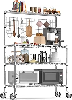 ليتيوك رف مطبخ للخبازين من 4 طبقات معتمد من ان اس اف، حامل ميكروويف بعجلات و20 خطاف على شكل حرف S، رف تخزين شديد التحمل قابل للتعديل، رف تخزين معدني من الدرجة التجارية 42 × 18 × 63 انش، كروم