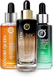 Colors Queen Skin Regime Combo Pack of 3 with Vitamin C Face Serum + 24K Gold Serum and Retinol Night Serum for Face | Anti-Ageing & Hydrating Face Serum