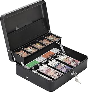 Drofail Cash Box with Euro,Coin, Note Insert Steel with Key Lock, Metal money Box Security Box Large Cash Box 4 Spring-Loaded Clips 5 Comparment 30 cm x 24 cm x 9 cm, Black