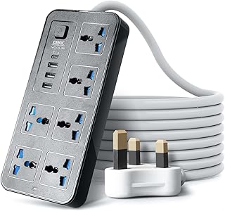 وصلة تمديد عالمية متعددة الوظائف من بايتيون، مقبس بريطاني 3 دبابيس و6 مقابس و3 منافذ USB ومنفذ واحد نوع C، شريط طاقة كيبل 1.8 متر للمنزل والمطبخ والمكتب (اسود)