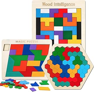 احجية العاب الدماغ للاطفال، احجية خشبية تانجرام على شكل مكعبات هندسية منطقية، لعبة ستيم مونتيسوري، هدية تعليمية لجميع الاعمار (3 مجموعات)