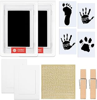 Baby Imprint Set, Baby Handprint and Footprint Set for 0-3 Months, 2 Ink Pads, 4 Imprint Cards, 2 Photo Frames, 1 Sticker Sheet & 2 Clips, Clean Touch Ink Pad for Birth Gift