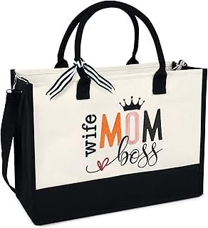 Gift Bags for Mom from Son, Daughter, Birthday Gifts for Mom, Women, 13oz Canvas Tote Bag with Zipper