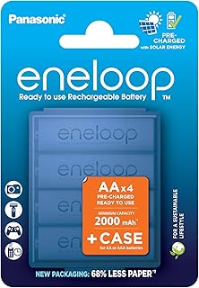 بطارية اينيلوب جاهزة للاستخدام Ni-MH من باناسونيك، AA/Mignon، 4 عبوات + حافظة، سعة محسنة بحد ادنى 2000 مللي امبير في الساعة، دورة شحن 2100، اداء عالي الطاقة، عبوة خالية من البلاستيك، 5.0 فولت