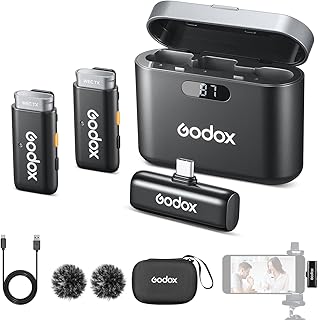 Godox WES 2 KIT2 Lavalier Microphone Wireless with Noise Reduction Compatible with Type-C/Android, 1 Receiver 2 Transmitter Microphones, Suitable for Smartphones, Tablets for Vlogging, Live Streaming