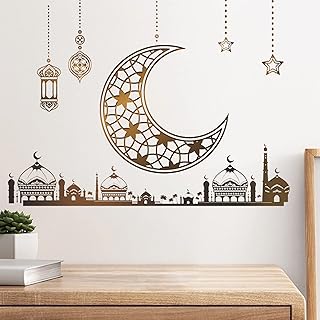 ستيكر لاصق بتصميم رمضان من ميكتاك، ديكور حائط بتصميم عيد مبارك، ملصق حائط من بلاستيك PVC بتصميم نجمة وقمر وفانوس، ملصق ديكور اسلامي للمراة، ملصق حائط للمنزل وغرفة النوم (A)