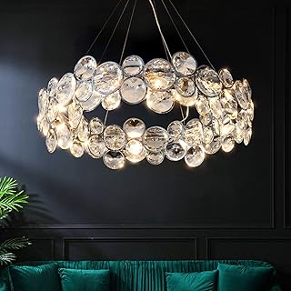 KHCEYT Modern K9 Crystal Chandelier Luxury Round Hanging Light Ceiling Lighting Fixture 3-Way Dimmable Pendant Lights Fixture for Living Room Dining Room Kitchen Island Foyer(M)