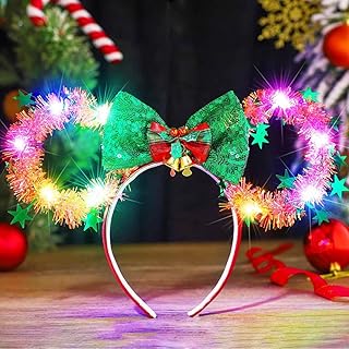 Zoestar Christmas Headband with LED Mouse Ears Headband Christmas Bow Festival Costume Hair Accessories for Women (Green-Red, One Size)