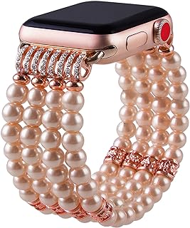 VIQIV for Handmade Beaded Compatible with Apple Watch Band 38mm 40mm 41mm 42mm 44mm 45mm Iwatch Series SE 7/6/5/4/3/2/1, Elastic Stretch Faux Pearl Bracelet Replacement Wristband Strap for Women Girls