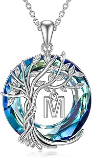 TOUPOP Tree of Life Initial Necklace 925 Sterling Silver Initial A-Z Letter Pendant with Blue Circle Crystal Family Tree Jewelry Anniversary Birthday Christmas Gifts for Women Her Wife Mom