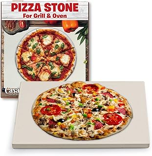 Casa Crunza Pizza Stone Set – Premium Cordierite Pizza Stone Set for Baking & Grilling, Complete Pizza Making Kit with Bamboo Peeling Board, Pizza Cutter, and Greaseproof Paper (RECTANGULAR-STONE)