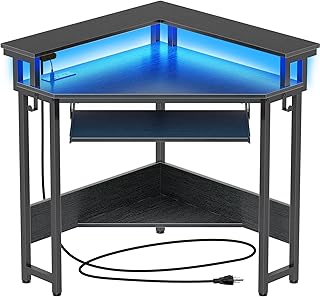 رولانستار مكتب زاوية مقاس 44.5 انش عرض × 34.5 انش ارتفاع، مكتب كمبيوتر صغير مع منافذ طاقة، مكتب العاب مع اضواء LED، مكتب زاوية مثلث مع صينية كيبورد وحامل شاشة للمساحات الصغيرة، اسود