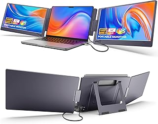 كيه واي موسع شاشة لابتوب ثلاثي خارجية محمولة مزدوجة 14 انش 1080P FHD IPS كيبل USB C للسفر للابتوب 12-16 دوران 210 درجة ومسند رمادي LCD