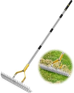 Trydream Thatch Rake, 15 Inch Wide Lawn Thatching Rake for Cleaning Dead Grass, Efficient Metal Steel Lawn Dethatcher Rake with Sponge Handle, Lawn loosening Soil Grass Rake (Silver)