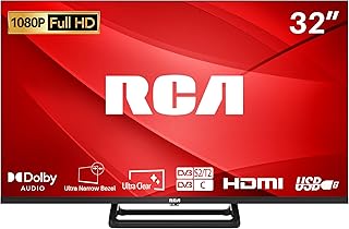 RCA تلفزيون FHD مقاس 32 انش، تصميم بدون حواف بتقنية فري فيو دولبي صوت رقمي FHD، تلفزيون DVB T2/S2 1080P باضاءة خلفية LED، شاشة HDMI USB RF CI بلاي ستيشن 5 اكس بوكس، تلفزيون صغير لغرفة النوم والمطبخ