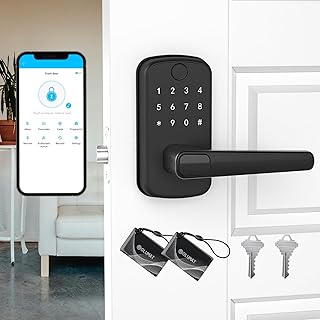 اولومات قفل باب ذكي مع مقبض: قفل باب دخول بدون مفتاح مع لوحة مفاتيح وبصمة اصبع وتحكم عبر التطبيق - قفل باب بيومتري لامان المنزل - سهل التركيب