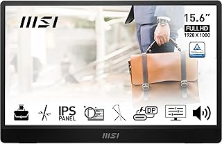 MSI شاشة محمولة برو MP161 E2 15.6 انش FHD - لوحة IPS 1920 × 1080، 60Hz، شاشة صديقة للعين (للكمبيوتر واللاب توب والموبايل) ومكبرات صوت، هيكل ومسند محسن - ميني HDMI 2.0b، 2 × USB نوع C، من ام اس اي