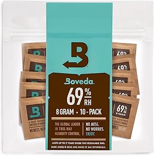 Boveda 69٪ RH 2-way التحكم في الرطوبة - يستعيد ويحافظ عليها - حل الكل واحد للترطيب - التكنولوجيا الحاصلة على براءة اختراع لمرطبات السيجار - مريحة ومتعددة الاستخدامات - 10 أكياس قابلة للإغلا