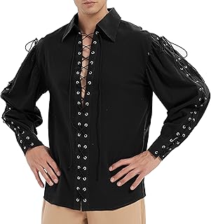 Moomphya Men's Medieval Pirate Gothic Lace-Up Long Sleeve Renaissance Shirt Halloween Tops