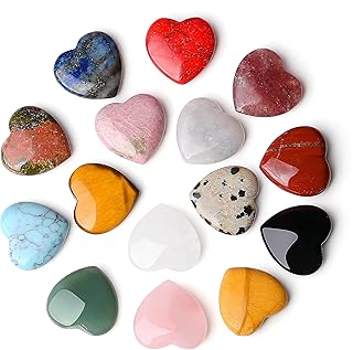 QINJIEJIE 15 Pieces Natural Gemstones Heart Polished Crystals Stones Heart Worry Stone Colourful Lucky Stones Reiki Stones Set Crystal Stones for Decoration