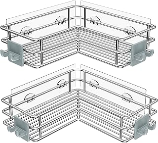 نيفي رف سلة للزاوية اللاصقة مع خطافات، رف حمام من الستانلس ستيل المقاوم للصدا، حامل شامبو بدون ثقب، عبوة من قطعتين، فضي
