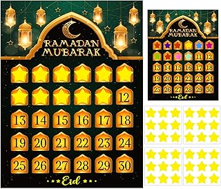 فلاي اي بي تقويم رمضان 2024 عيد مبارك تقويم العد التنازلي للاطفال لمدة 30 يوما، بوستر زينة لجدار المنزل مع 36 ملصق نجمة وبطاقة تقويم رمضان صغيرة