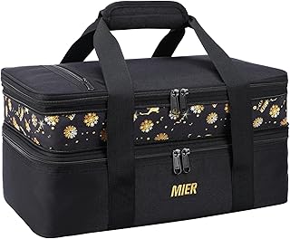 MIER Insulated Double Casserole, Thermal Lunch Bag for Lasagna, Lugger, Potluck Parties, Picnic, Beach, Fits 9 x 13 Inch Baking Pan, Expandable with Medium Zipper, Black